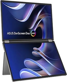 اسس شاشة زين سكرين ديو OLED MQ149CD محمولة قابلة للطي 360 درجة: مزدوجة 14 انش، 16:10، 1920x1200 FHD، لوحات اوليد، ديسبلاي اتش دي ار™ 400 ترو بلاك، 100% DCI-P3، دلتا <2، USB نوع C مزدوج - رمادي