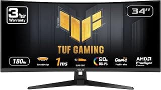 TUF Gaming 34” Ultra-Wide Curved Monitor (VG34VQ3B) – 21:9 QHD (3440x1440), 180Hz, 1ms, Extreme Low Motion Blur Sync, FreeSync Premium, Speaker, 90% DCI-P3, DisplayWidget Center, 3 yr Warranty